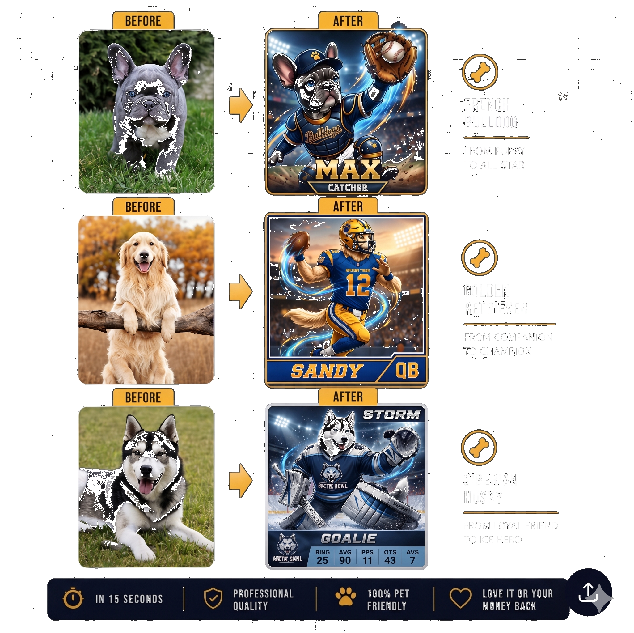 Before and after — real dogs transformed into professional sports trading cards
